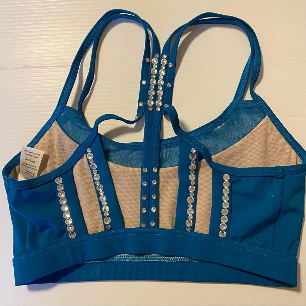 Weissman Balera dance teal sport Mesh Strappy Bra Top crop rhinestone MT10874 SA